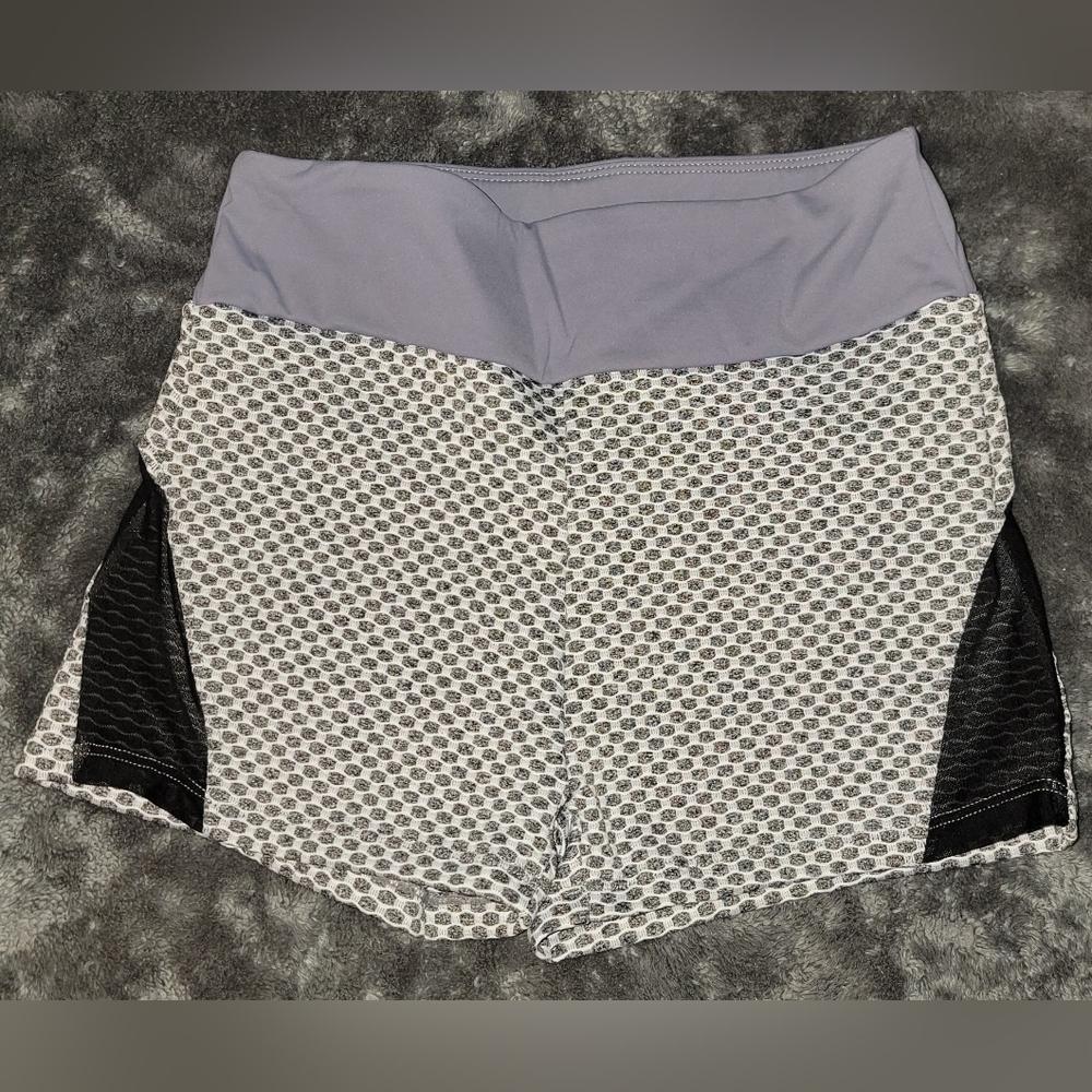 High-Waist Athletic Shorts with Grey Waistband and Black Side Panels